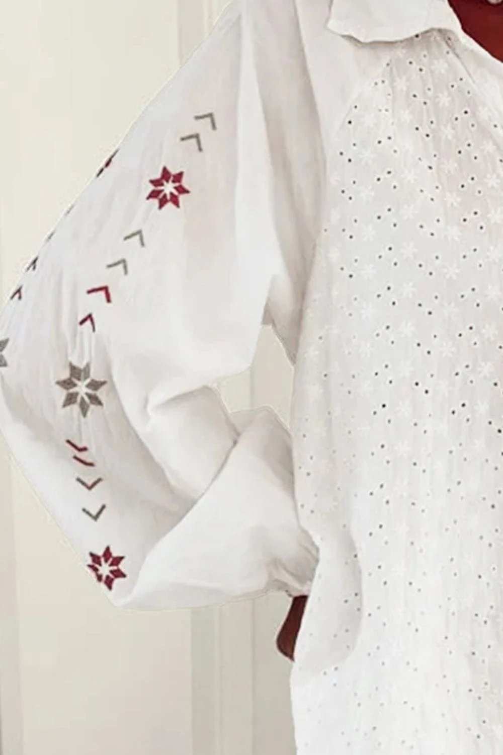 Eyelet Collared Neck Long Sleeve Shirt - Trendsi - Flyclothing LLC