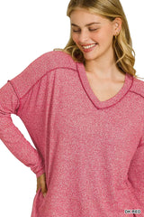 Zenana Soft Melange Hacci Exposed Seam Hi-low Tee - Trendsi - Flyclothing LLC