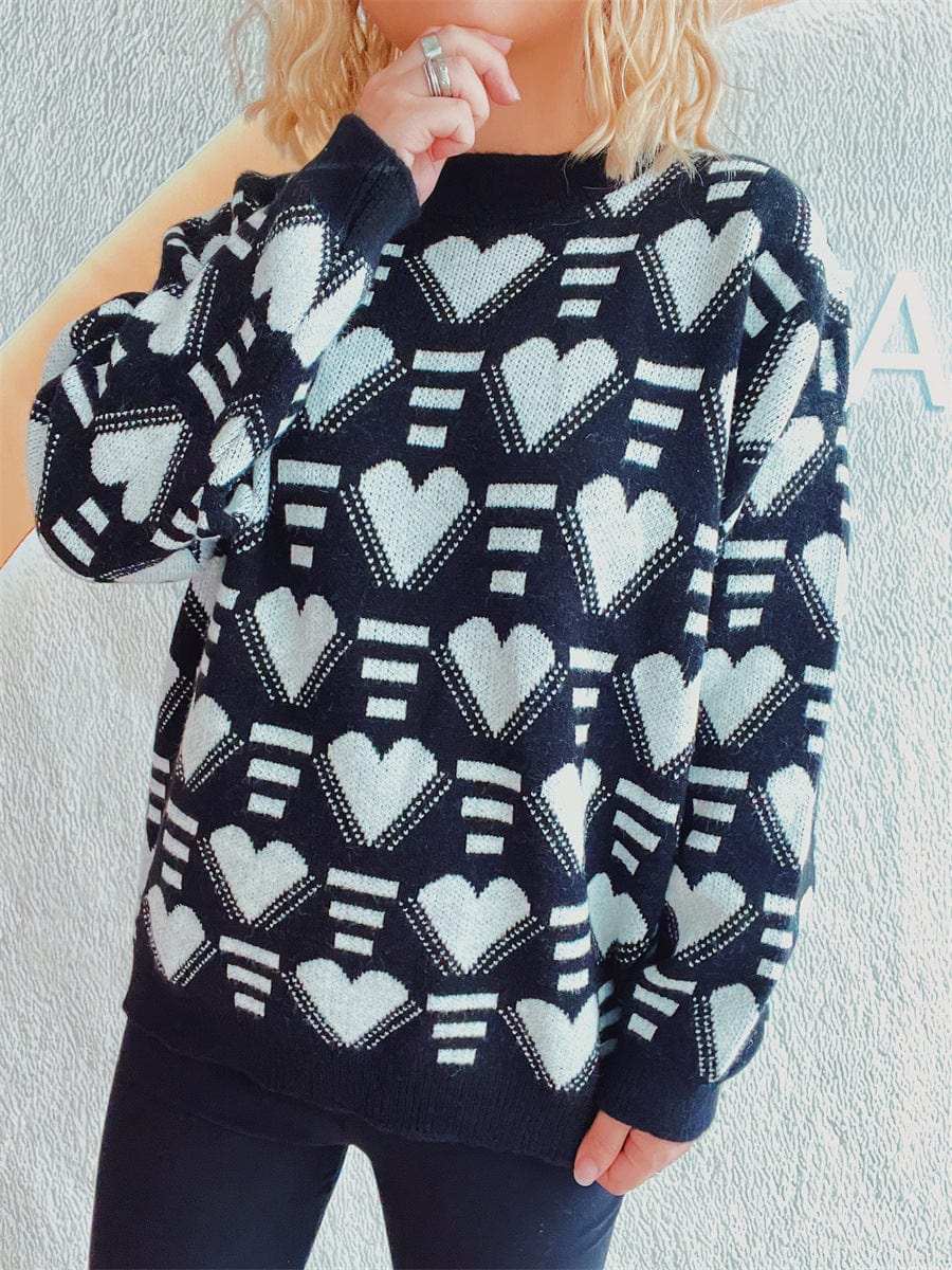 Heart Contrast Long Sleeve Dropped Shoulder Sweater - Trendsi - Flyclothing LLC