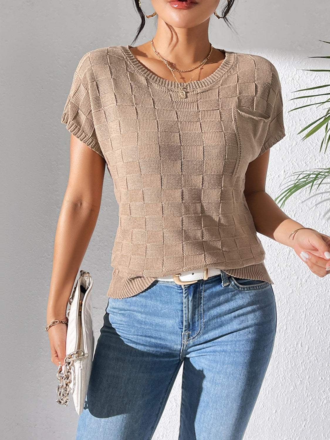 Round Neck Short Sleeve Knit Top - Trendsi - Flyclothing LLC