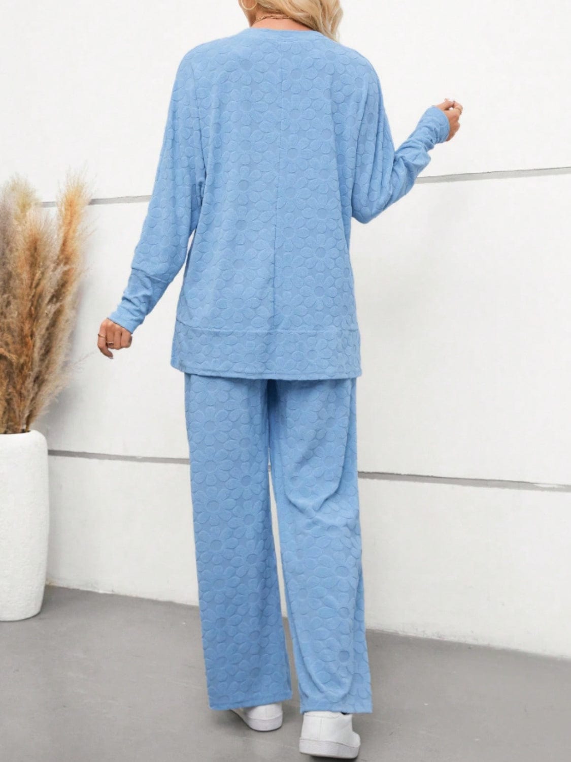 Flower V-Neck Long Sleeve Top and Pants Set - Trendsi