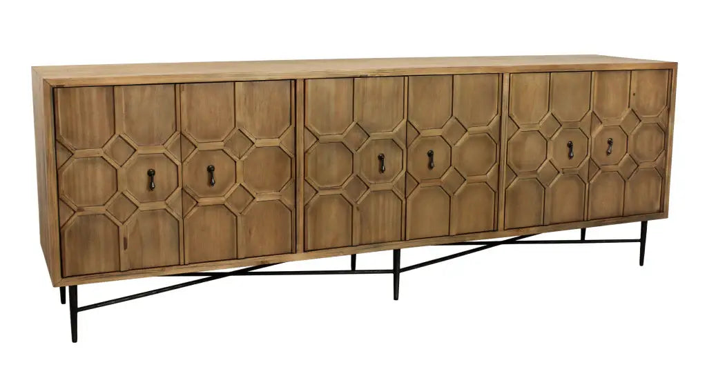 91" Natural Distressed Solid Wood Carved Geometric Sideboard with Six Doors - Homeroots - Flyclothing LLC