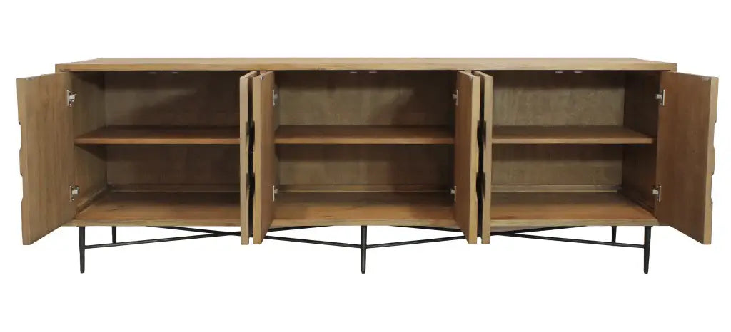 91" Natural Distressed Solid Wood Carved Geometric Sideboard with Six Doors - Homeroots - Flyclothing LLC