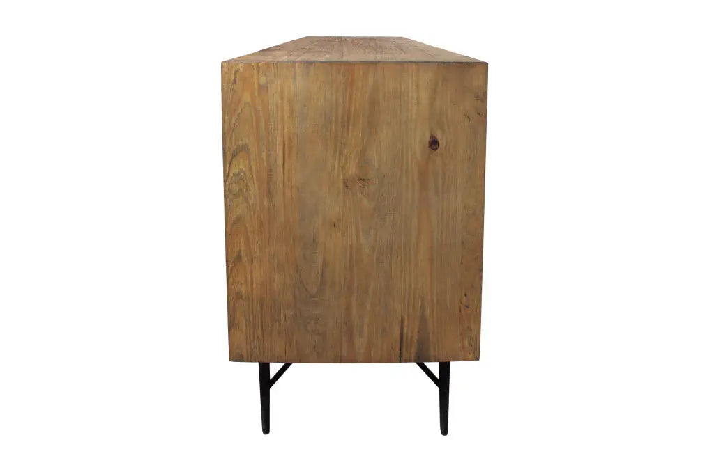 91" Natural Distressed Solid Wood Carved Geometric Sideboard with Six Doors - Homeroots - Flyclothing LLC