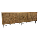 91" Natural Distressed Solid Wood Carved Geometric Sideboard with Six Doors - Homeroots - Flyclothing LLC