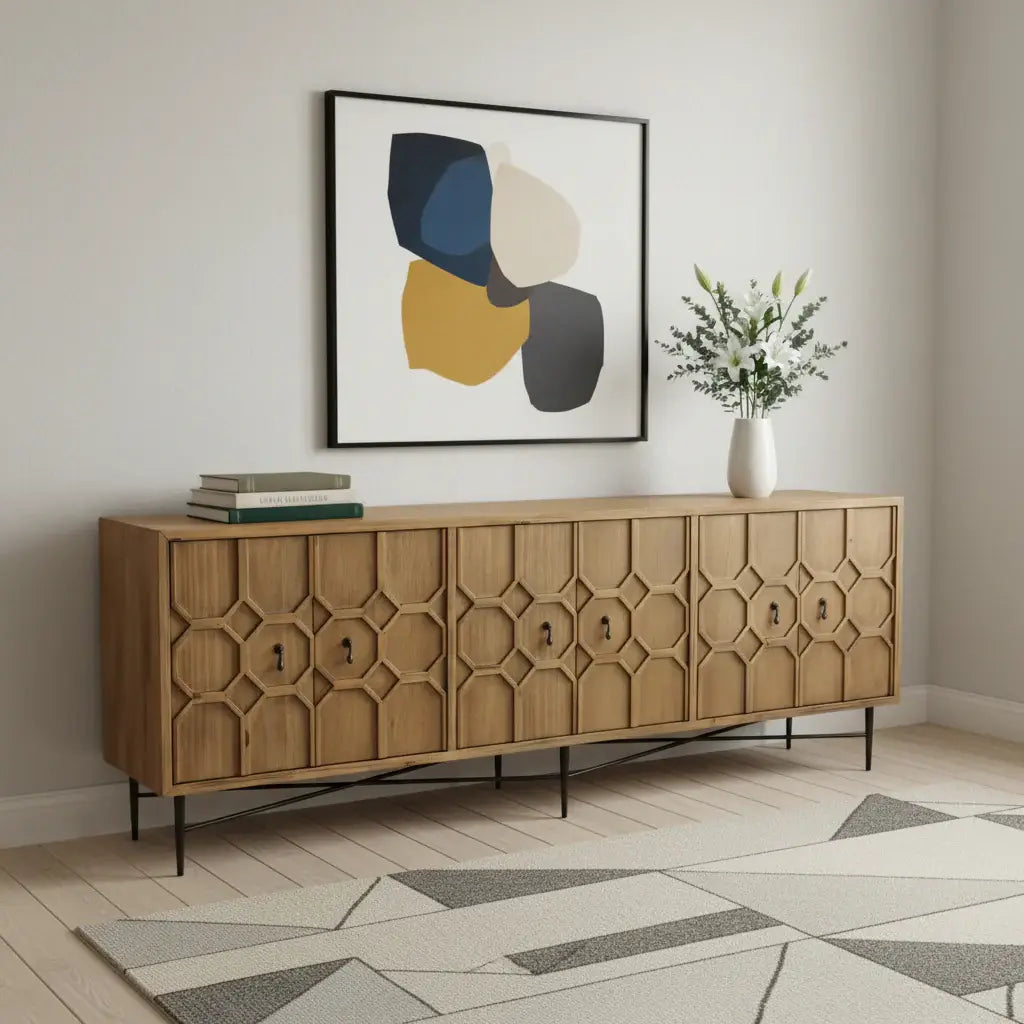 91" Natural Distressed Solid Wood Carved Geometric Sideboard with Six Doors - Homeroots - Flyclothing LLC