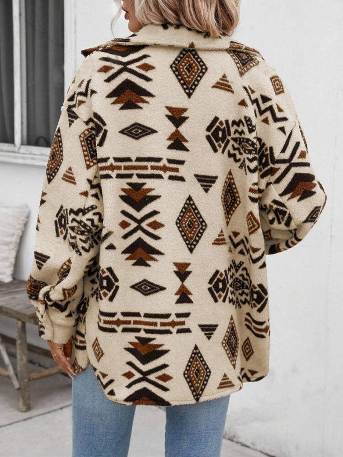 Geometric Button Up Dropped Shoulder Jacket - Trendsi - Flyclothing LLC