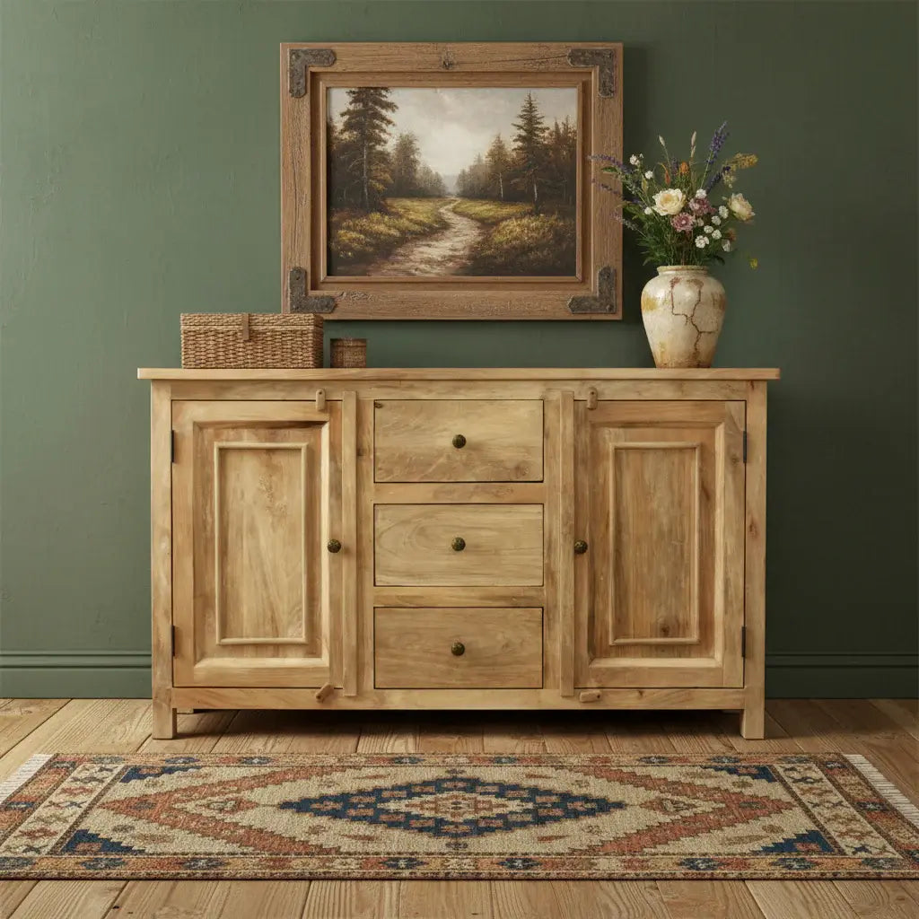 60" Natural Distressed Solid Wood Three Drawer Sideboard With Two Doors - Homeroots - Flyclothing LLC