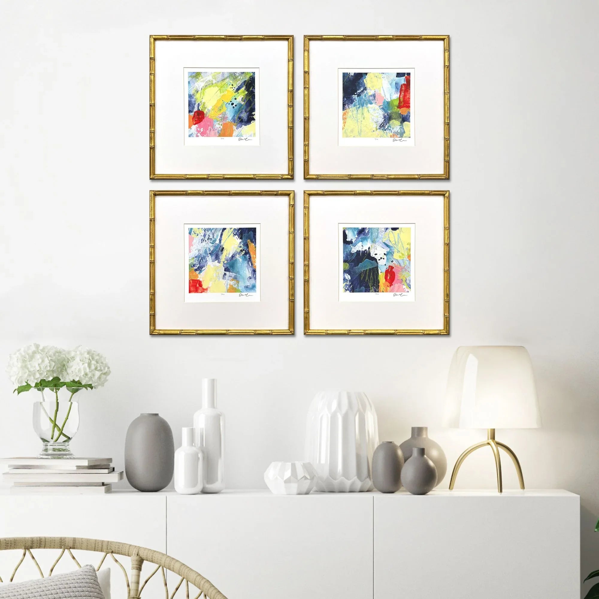 Set Of Four Vibrant Modern Abstract Watercolor Gold Framed Wall Art