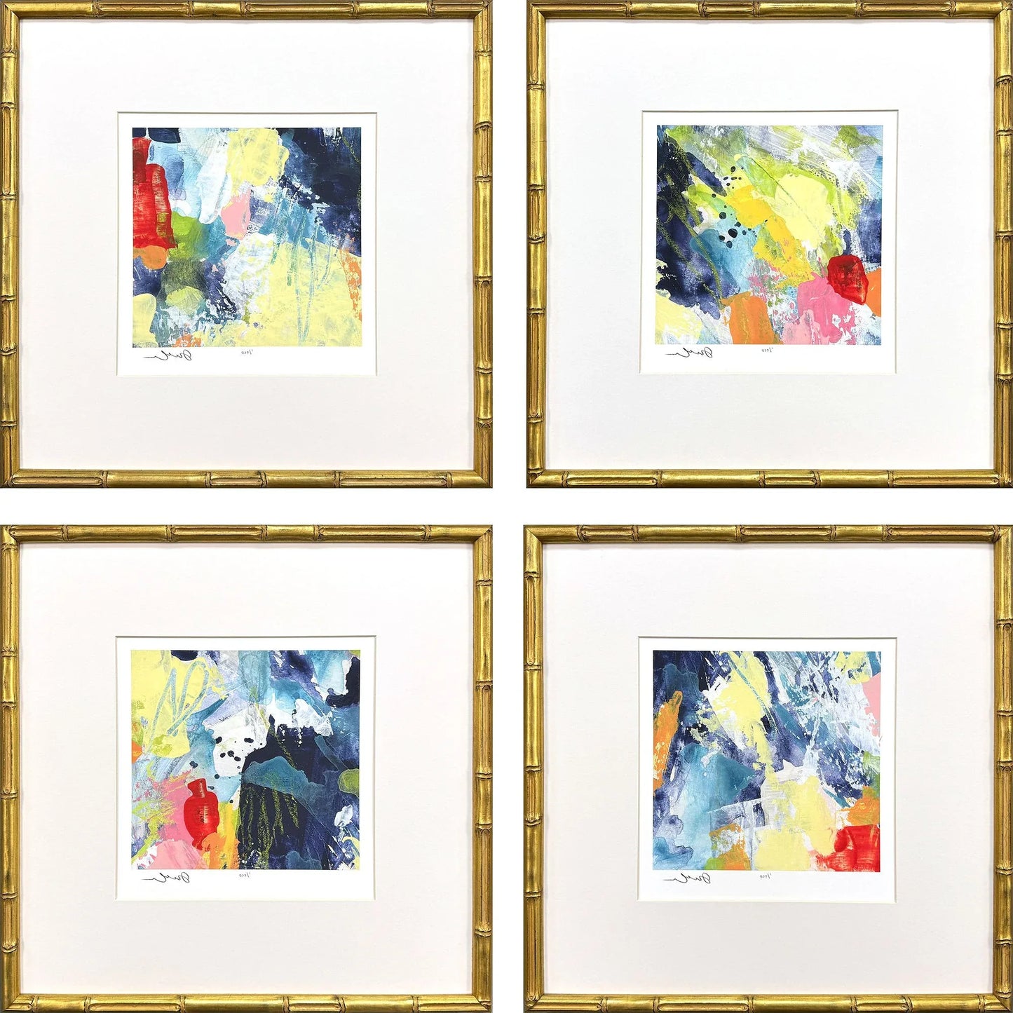 Set Of Four Vibrant Modern Abstract Watercolor Gold Framed Wall Art