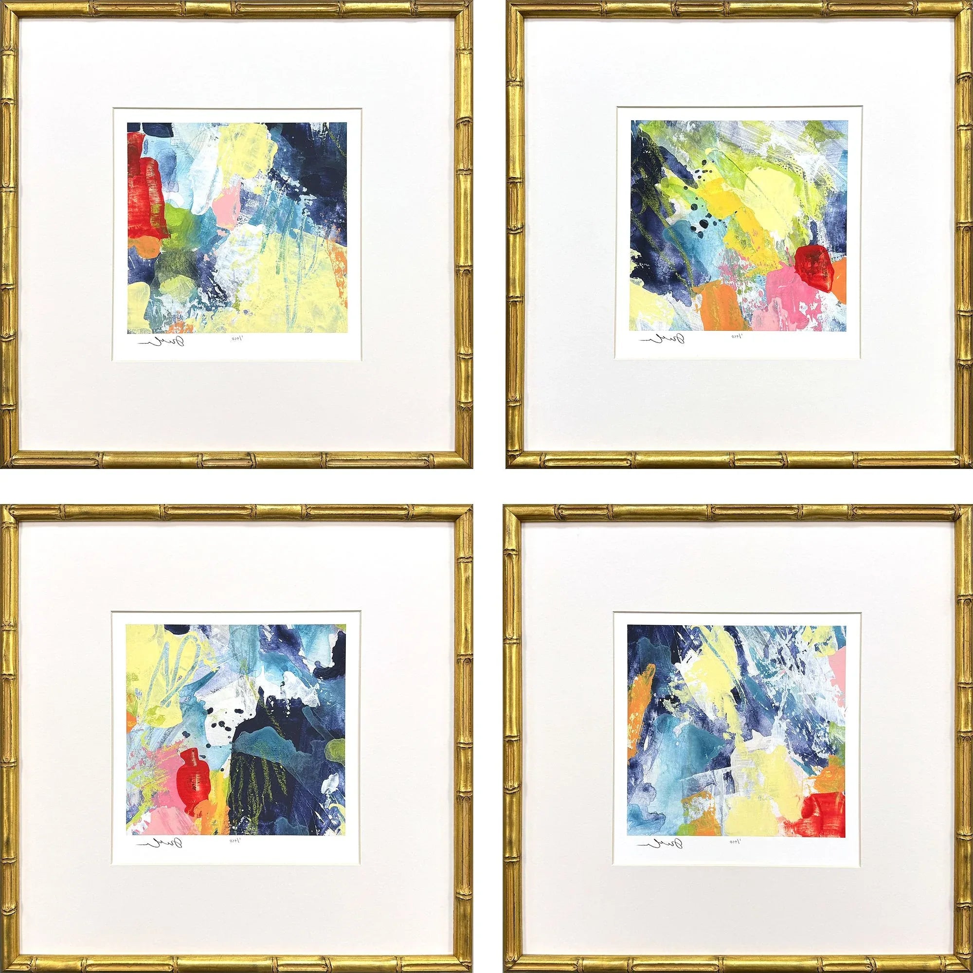 Set Of Four Vibrant Modern Abstract Watercolor Gold Framed Wall Art