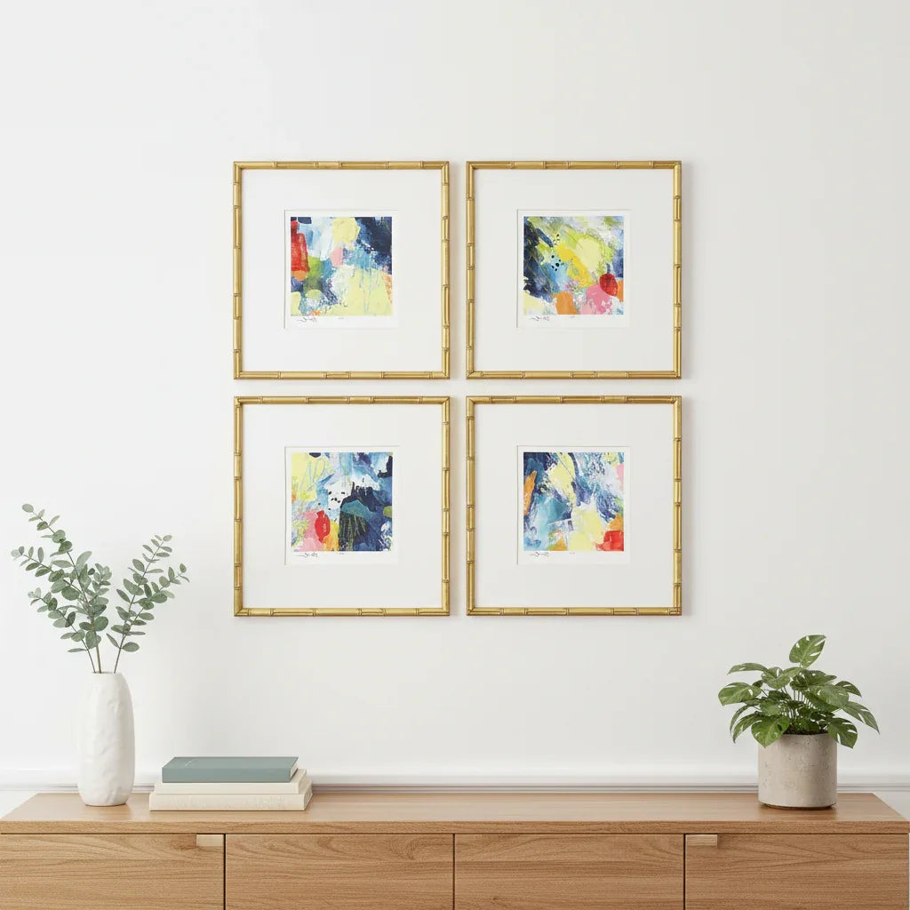 Set Of Four Vibrant Modern Abstract Watercolor Gold Framed Wall Art