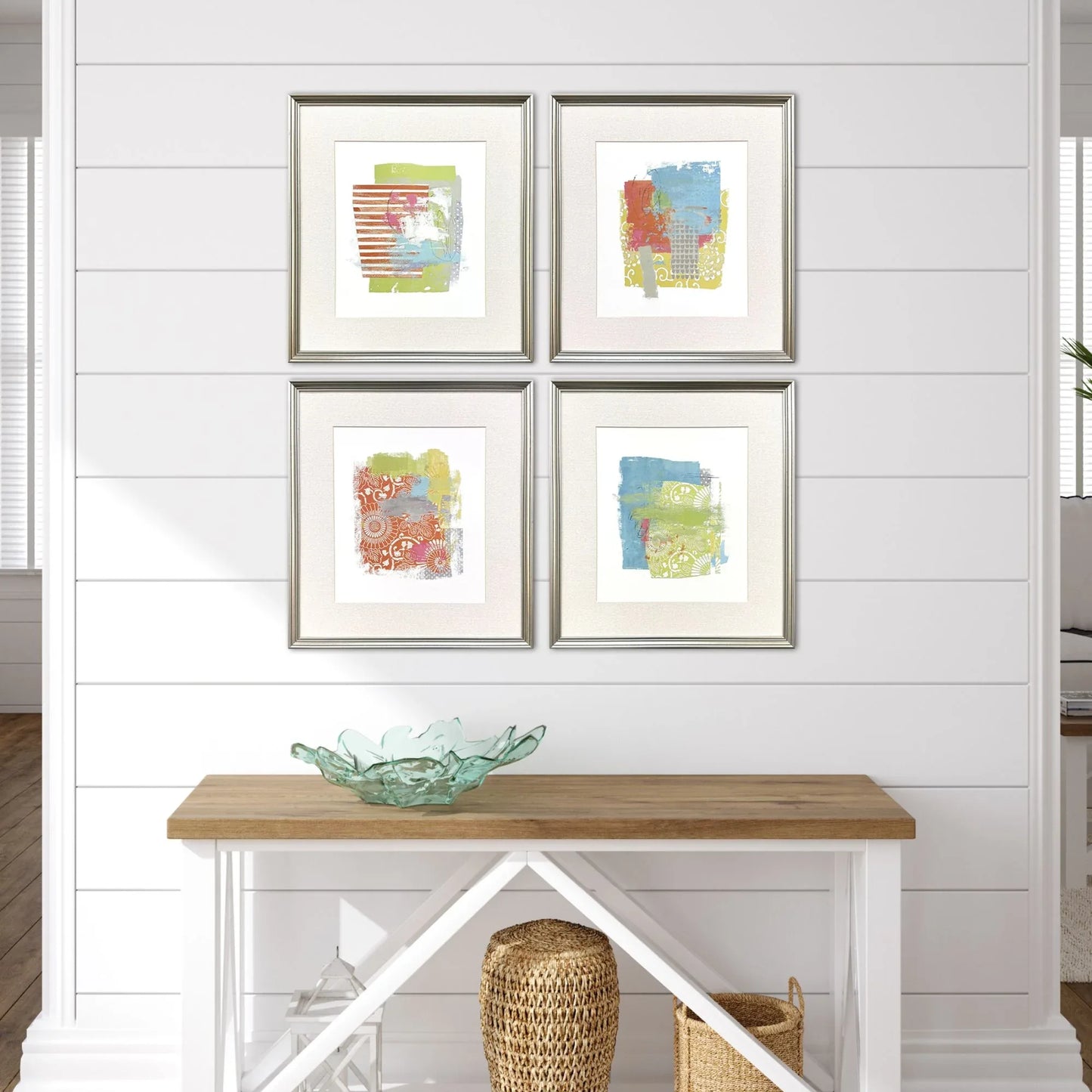 Set Of Four Modern Abstract Silver Framed Wall Art