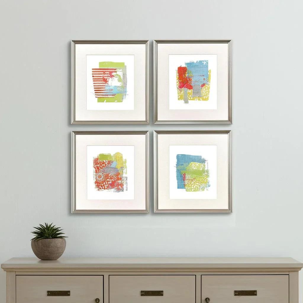 Set Of Four Modern Abstract Silver Framed Wall Art