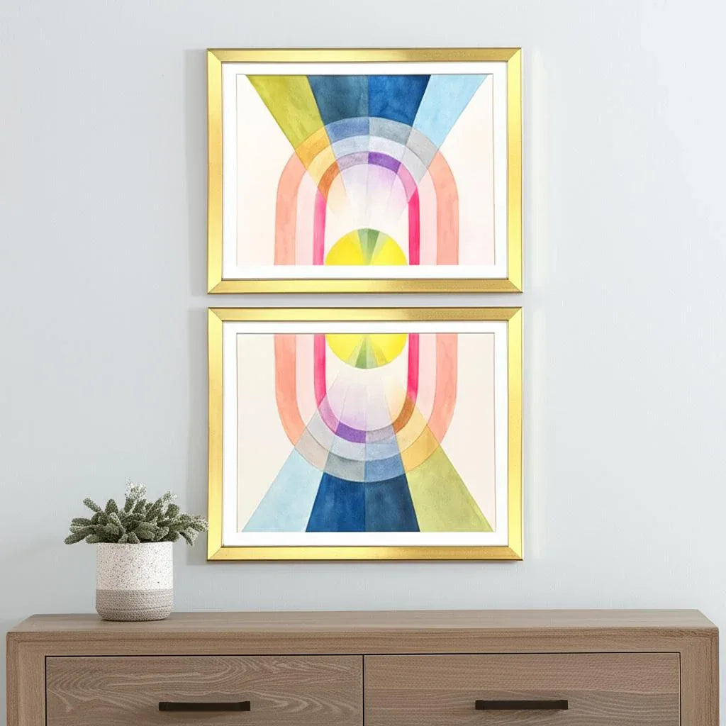 Set Of Two Geometric Watercolor Gold Framed Wall Art