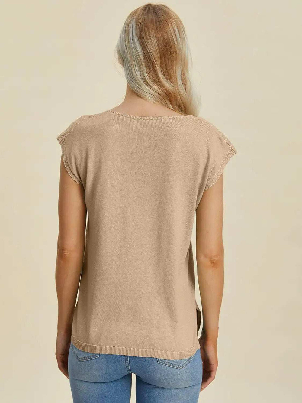 Double Take Full Size Notched Cap Sleeve Knit Top - Trendsi - Flyclothing LLC