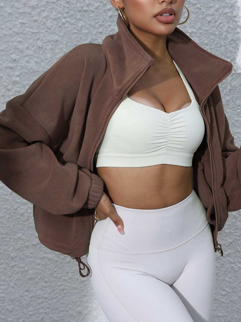 Drawstring Turtleneck Zip Up Long Sleeve Jacket - Trendsi - Flyclothing LLC