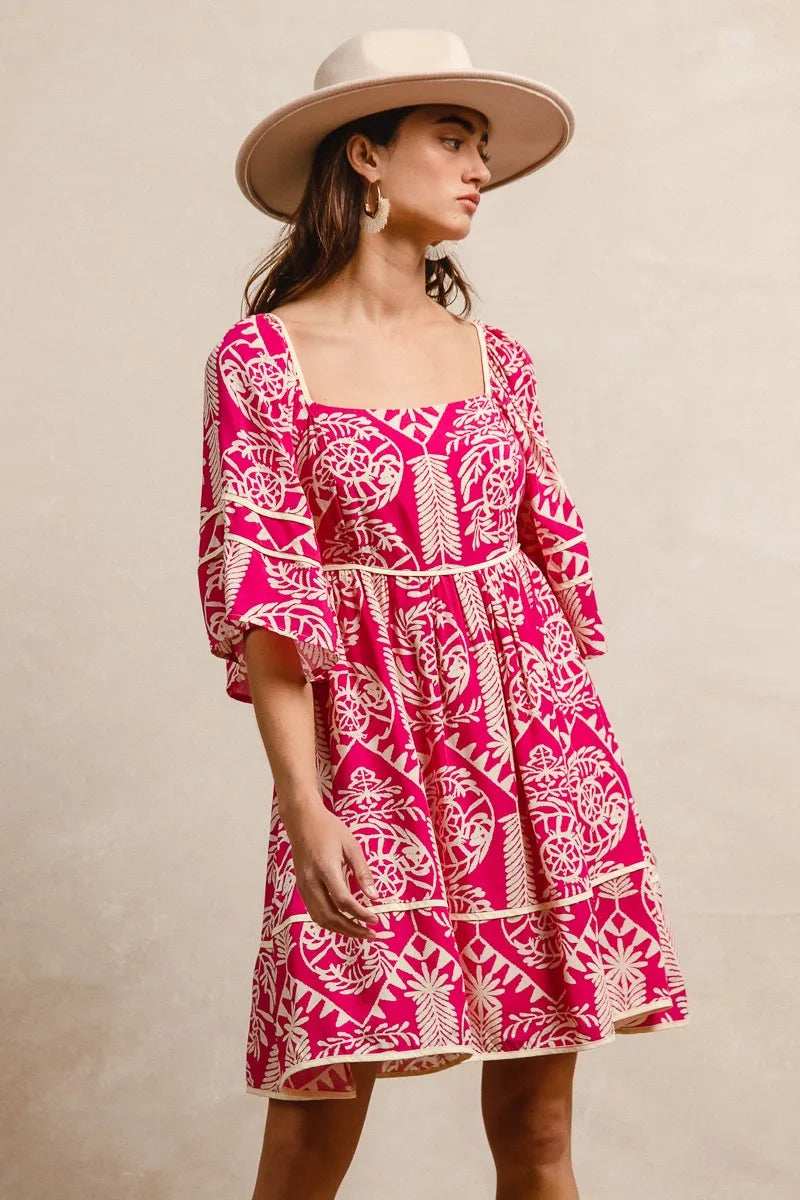 BiBi Aztec Woven Printed Contrast Binding Dress - Trendsi - Flyclothing LLC