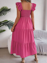 Smocked Square Neck Cap Sleeve Midi Dress - Trendsi - Flyclothing LLC