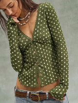 Polka Dot Button Down Textured Long Sleeve Blouse - Trendsi - Flyclothing LLC