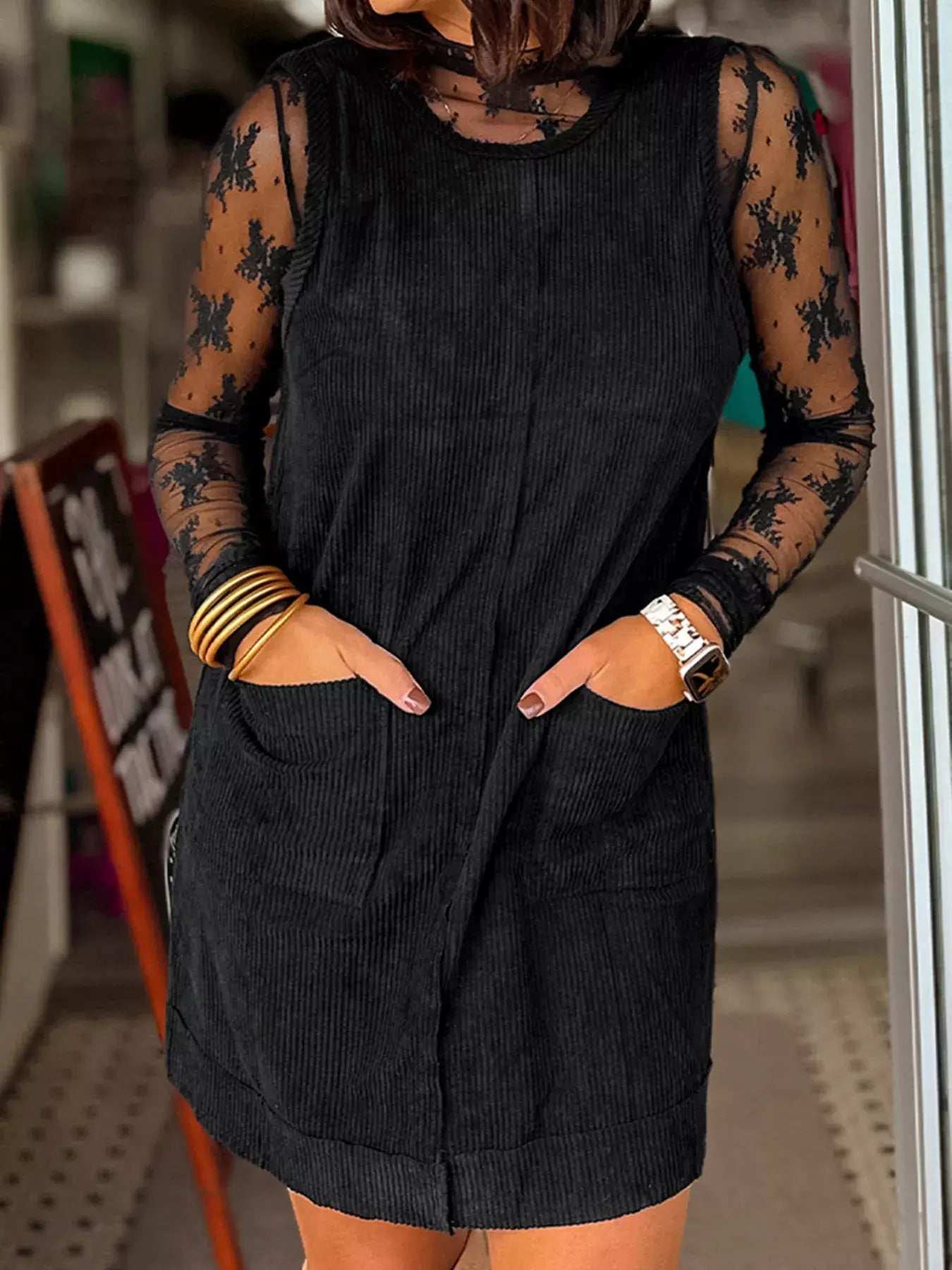 Corduroy Sleeveless Mini Dress with Patched Pockets - Trendsi - Flyclothing LLC