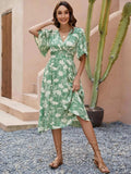Printed V-Neck Flutter Sleeve Dress - Trendsi - Flyclothing LLC