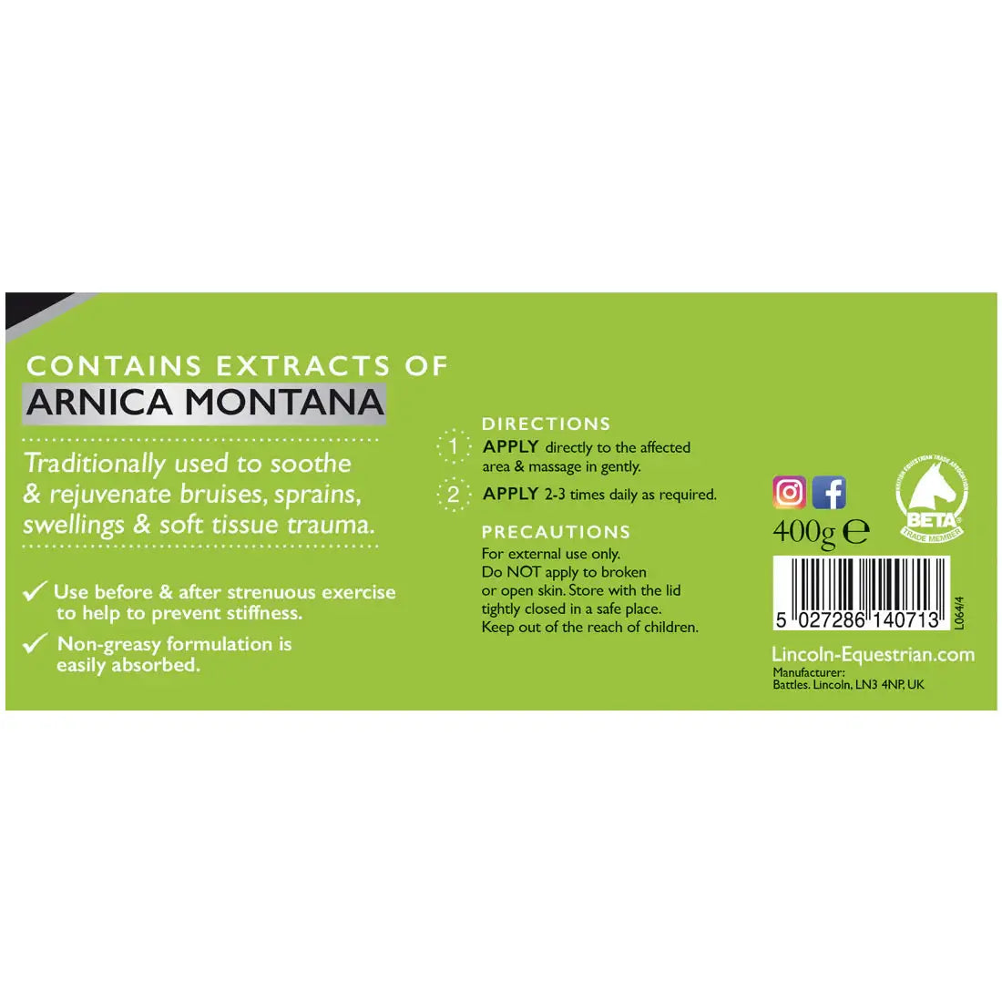 Lincoln Arnica Cream - 400g - Breeches.com - Flyclothing LLC