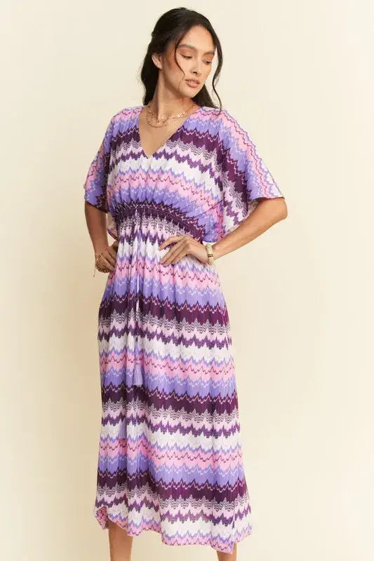 Davi & Dani Multi Color Wavy Tie Waist Flowy Sleeve Dress - Trendsi - Flyclothing LLC