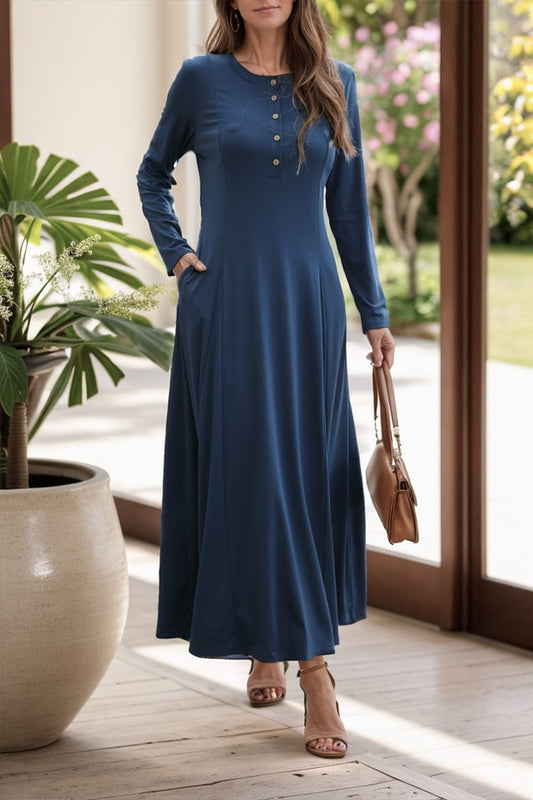 Round Neck Long Sleeve Maxi Dress with Pockets - Trendsi