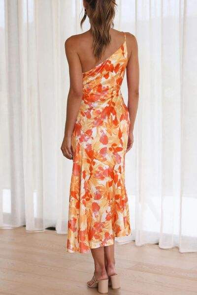 Ruched Printed Single Shoulder Midi Dress - Trendsi - Flyclothing LLC