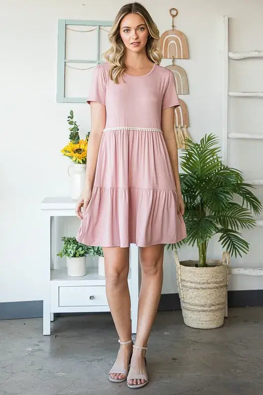 Heimish Full Size Solid Mini Tiered Dress with Pompom Lace Plus Size - Trendsi - Flyclothing LLC