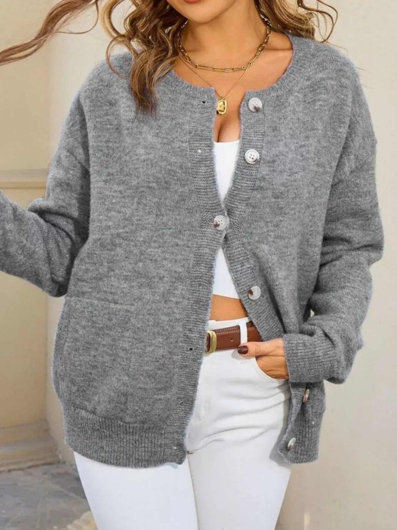 Casual Button-Down Knit Cardigan - Trendsi - Flyclothing LLC