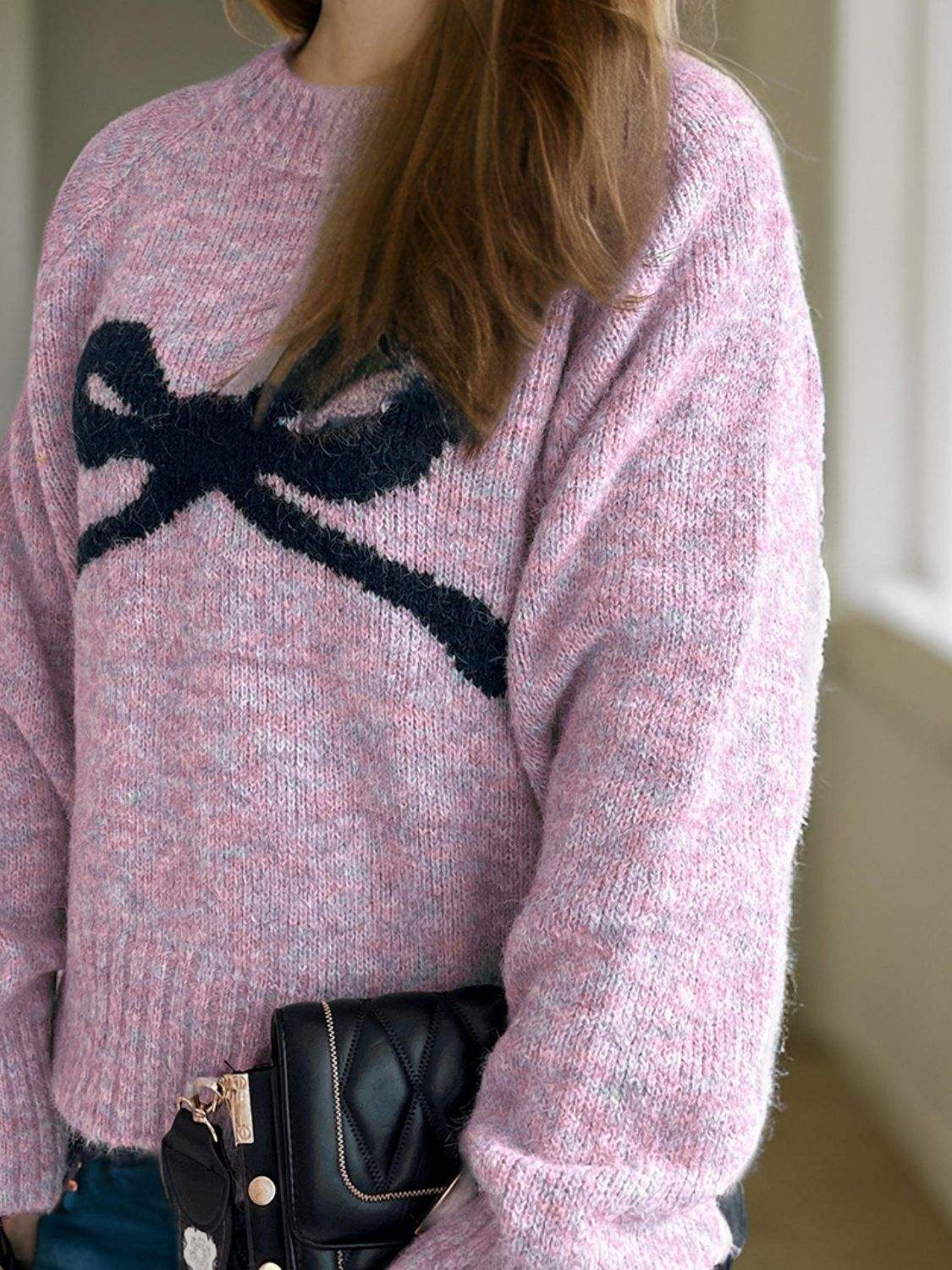 Bow Round Neck Long Sleeve Sweater - Trendsi - Flyclothing LLC
