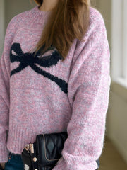 Bow Round Neck Long Sleeve Sweater - Trendsi