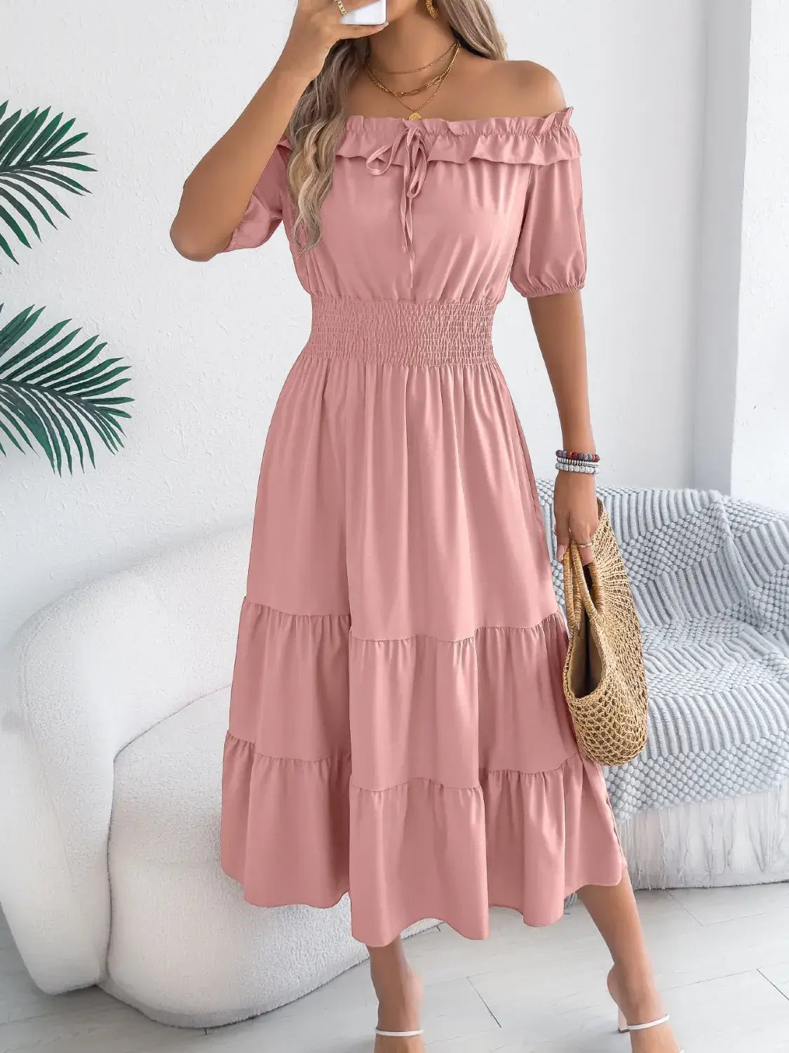 Smocked Off-Shoulder Tiered Dress - Trendsi - Flyclothing LLC
