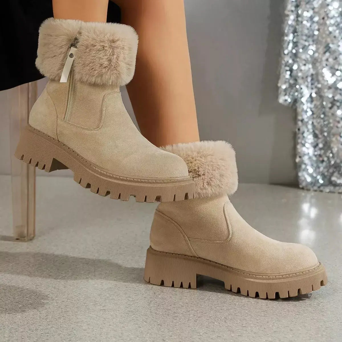 Side Zipper Fuzzy Boots - Trendsi - Flyclothing LLC