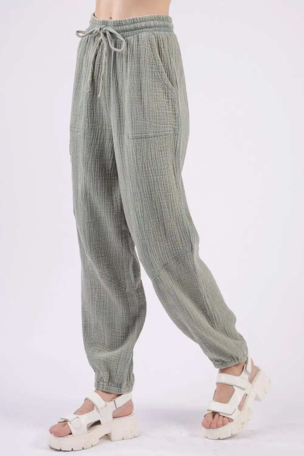 VERY J Washed Woven Crinkle Gauze Drawstring Pants - Trendsi - Flyclothing LLC