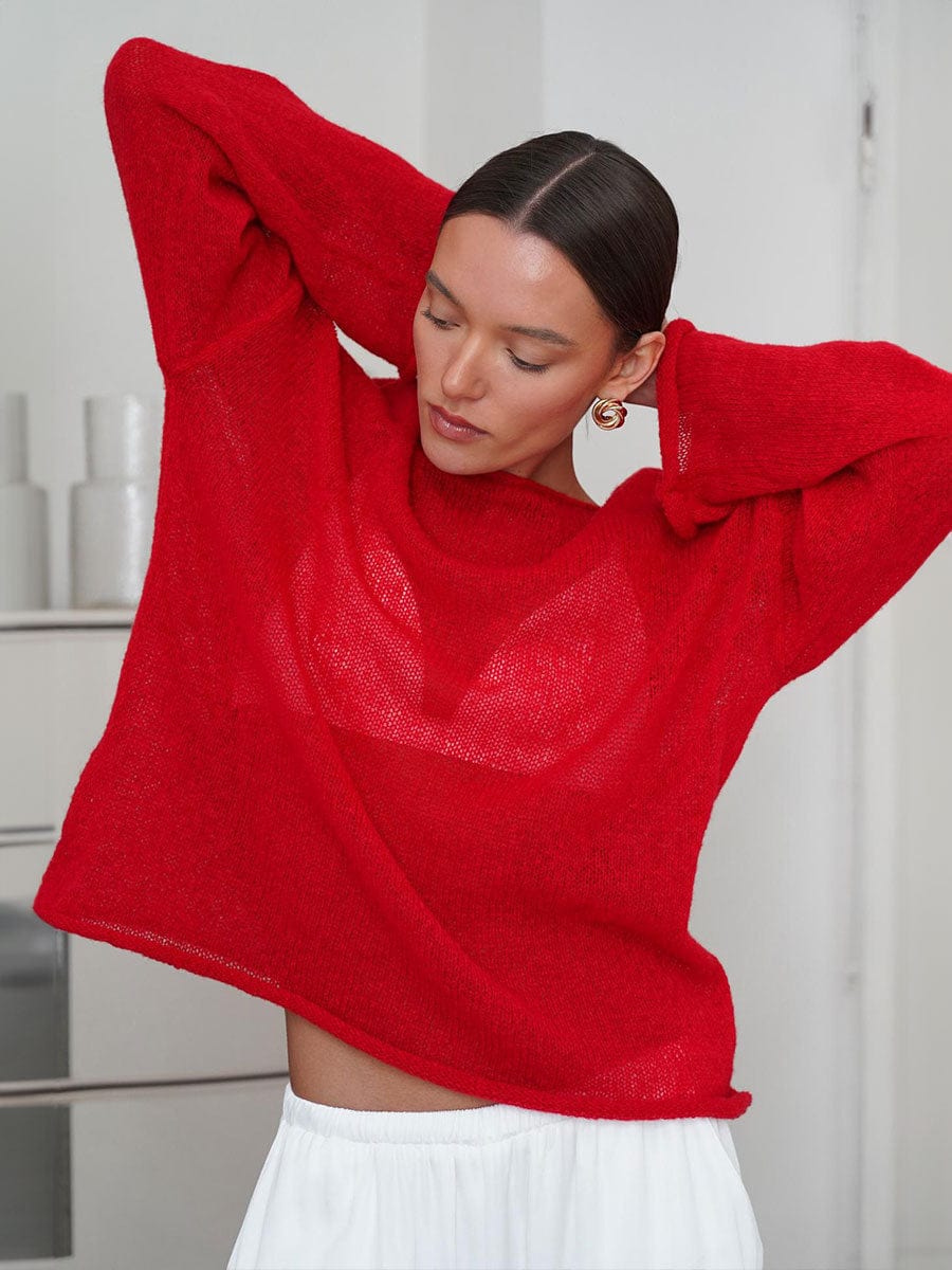 Round Neck Long Sleeve Knit Cover Up - Trendsi