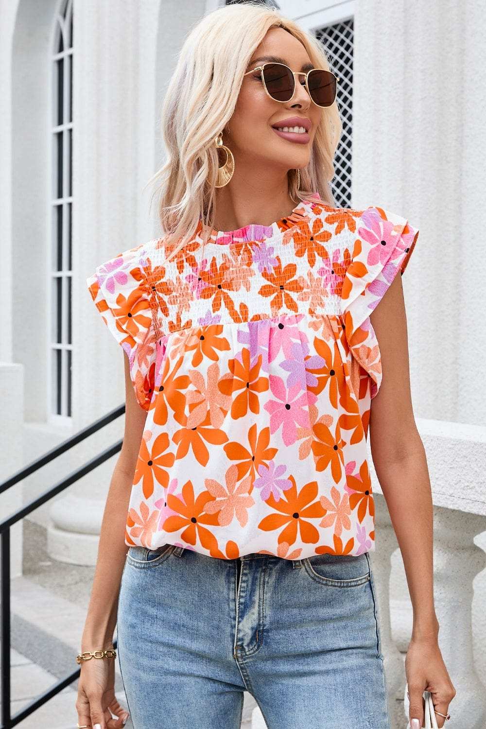 Printed Round Neck Cap Sleeve Blouse - Trendsi - Flyclothing LLC