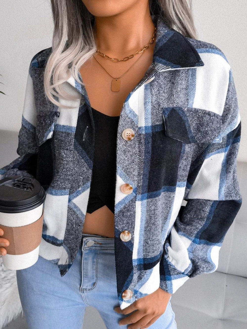 Plaid Collared Neck Long Sleeve Jacket - Trendsi - Flyclothing LLC