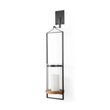 24" Black Distressed Geometric Metal Solid Wood And Glass Wall Sconce Candle Holder