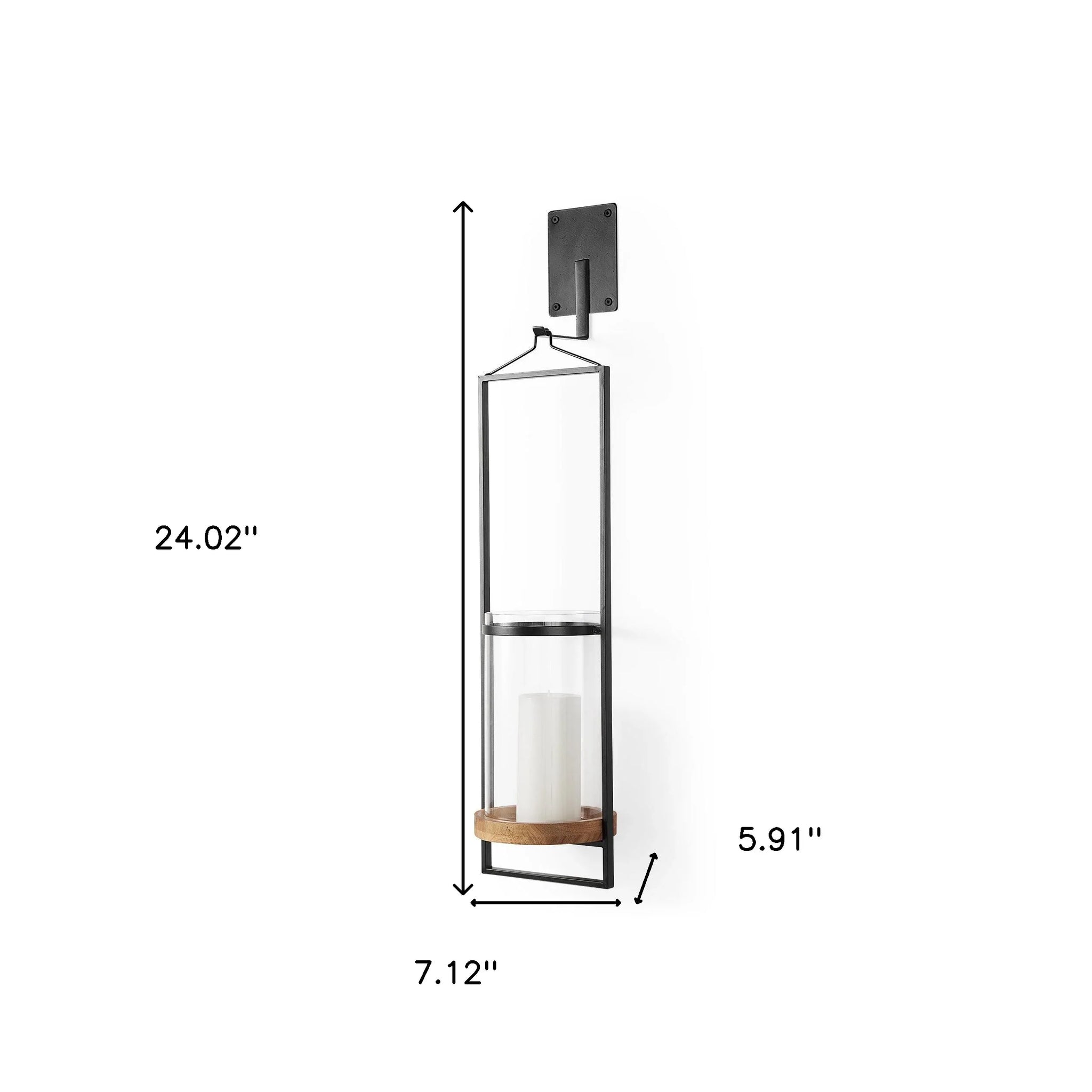 24" Black Distressed Geometric Metal Solid Wood And Glass Wall Sconce Candle Holder