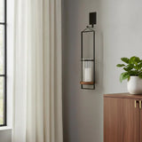24" Black Distressed Geometric Metal Solid Wood And Glass Wall Sconce Candle Holder