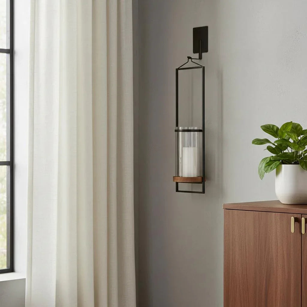 24" Black Distressed Geometric Metal Solid Wood And Glass Wall Sconce Candle Holder