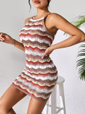 Openwork Striped Spaghetti Strap Knit Dress - Trendsi