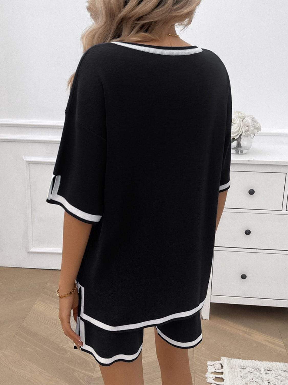 Contrast Trim V-Neck Top and Shorts Set - Trendsi - Flyclothing LLC