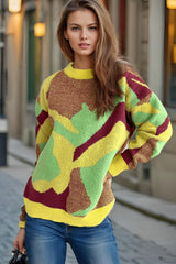 Contrast Round Neck Long Sleeve Sweater - Trendsi