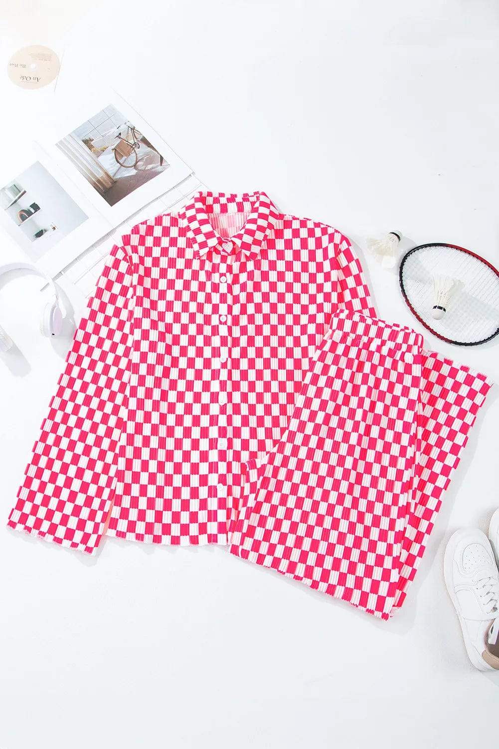 Checkered Button Up Top and Pants Lounge Set - Trendsi - Flyclothing LLC