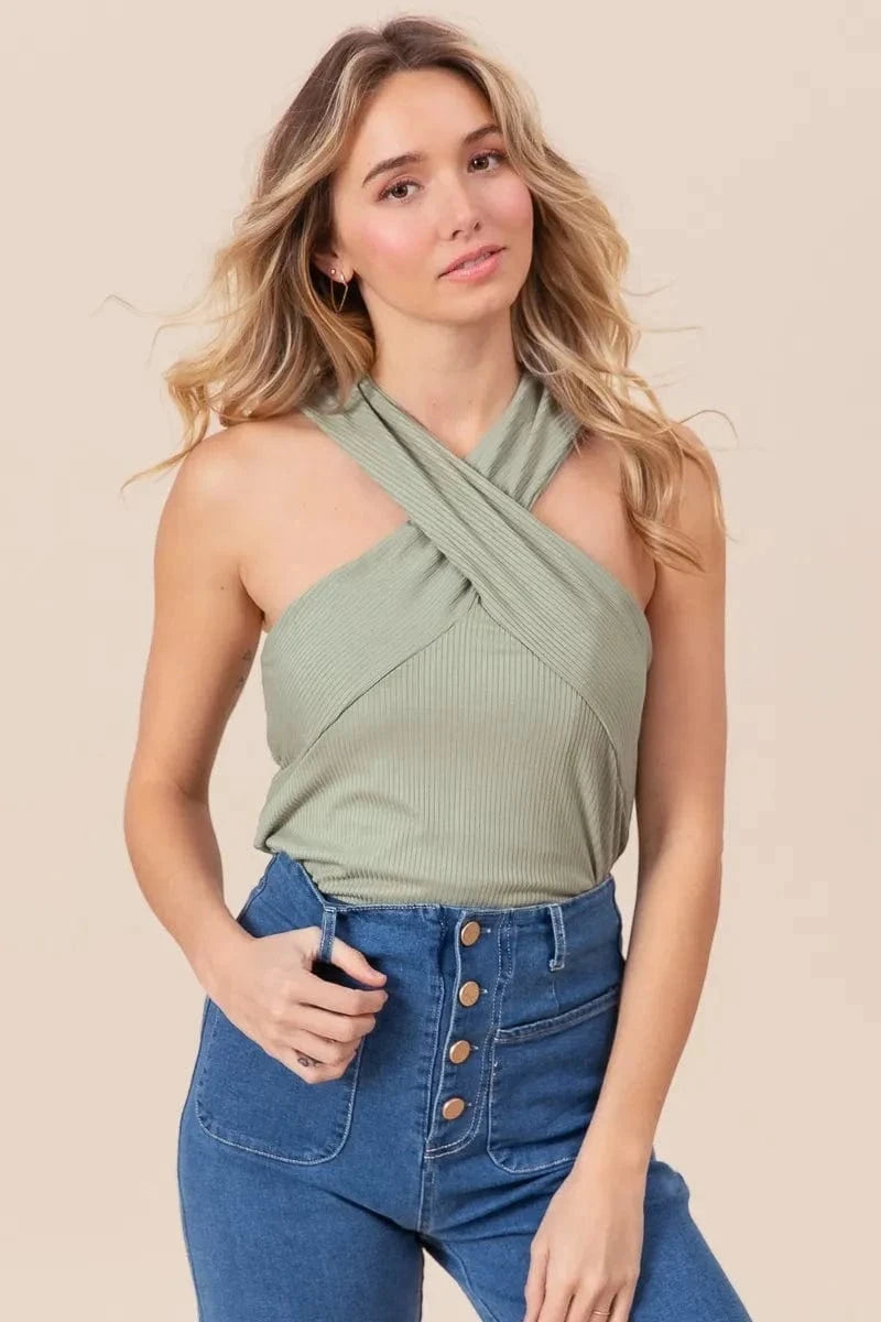 BiBi Rib Knit Cross Neck Banded Top - Trendsi