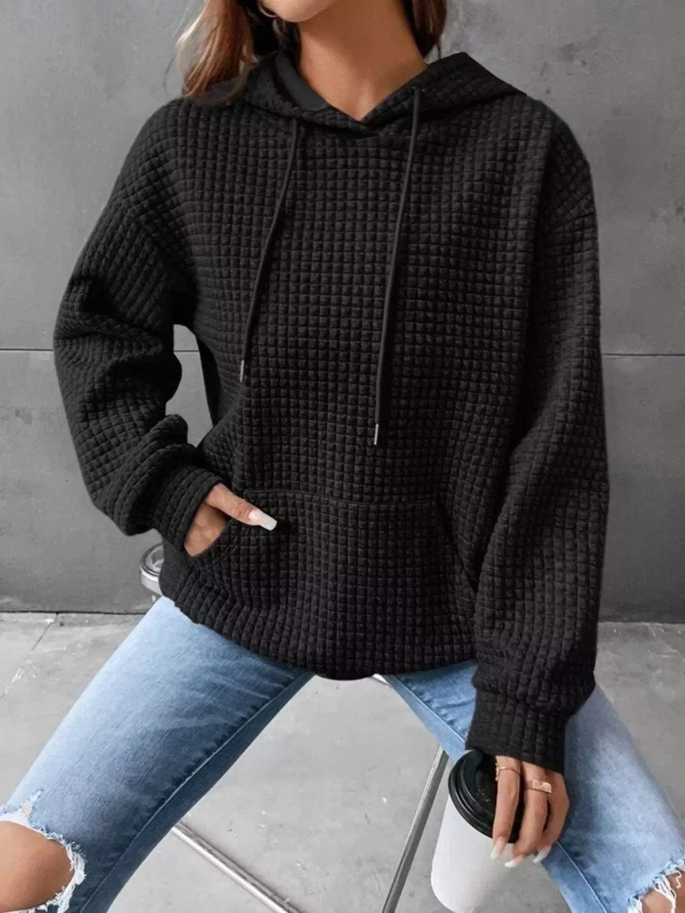 Full Size Textured Kangaroo Pocket Hoodie Plus Size - Trendsi - Flyclothing LLC